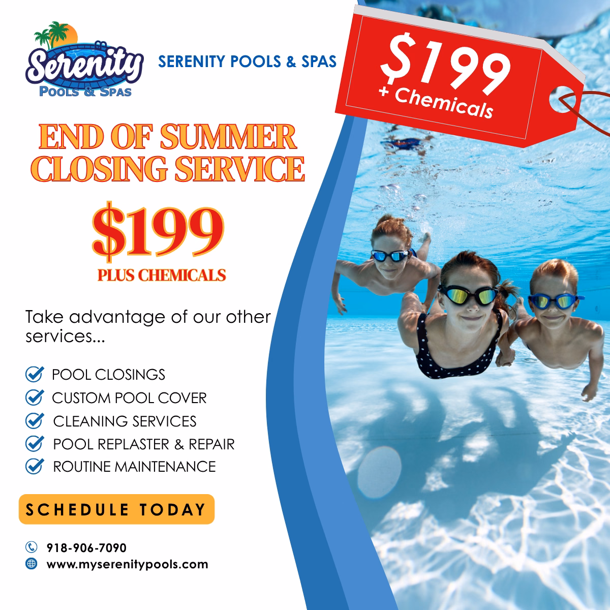 End of Summer Pool Closing Service ad - kids swimming underwater in a pool. Services include pool closings, custom pool covers, cleaning, replaster and repair, and routine maintenance.