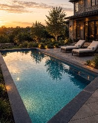 Resort-style backyard pool with lounge chairs and the house beyond