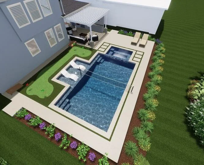 Renovated pool design with modern patio seating